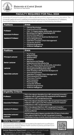 University Of Central Punjab UCP Jobs 2024 Advertisement:
