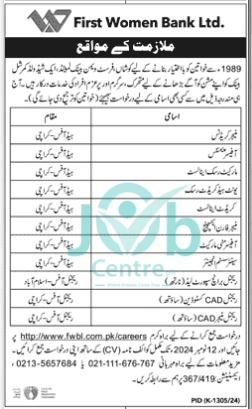 First Women Bank Limited FBWL Jobs 2024 Advertisement