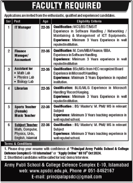 Army Public School & College APS Islamabad Jobs 2024 Advertisement