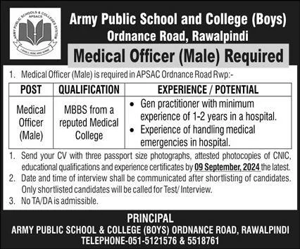 Army Public School & College APS Rawalpindi Jobs 2024 Advertisement