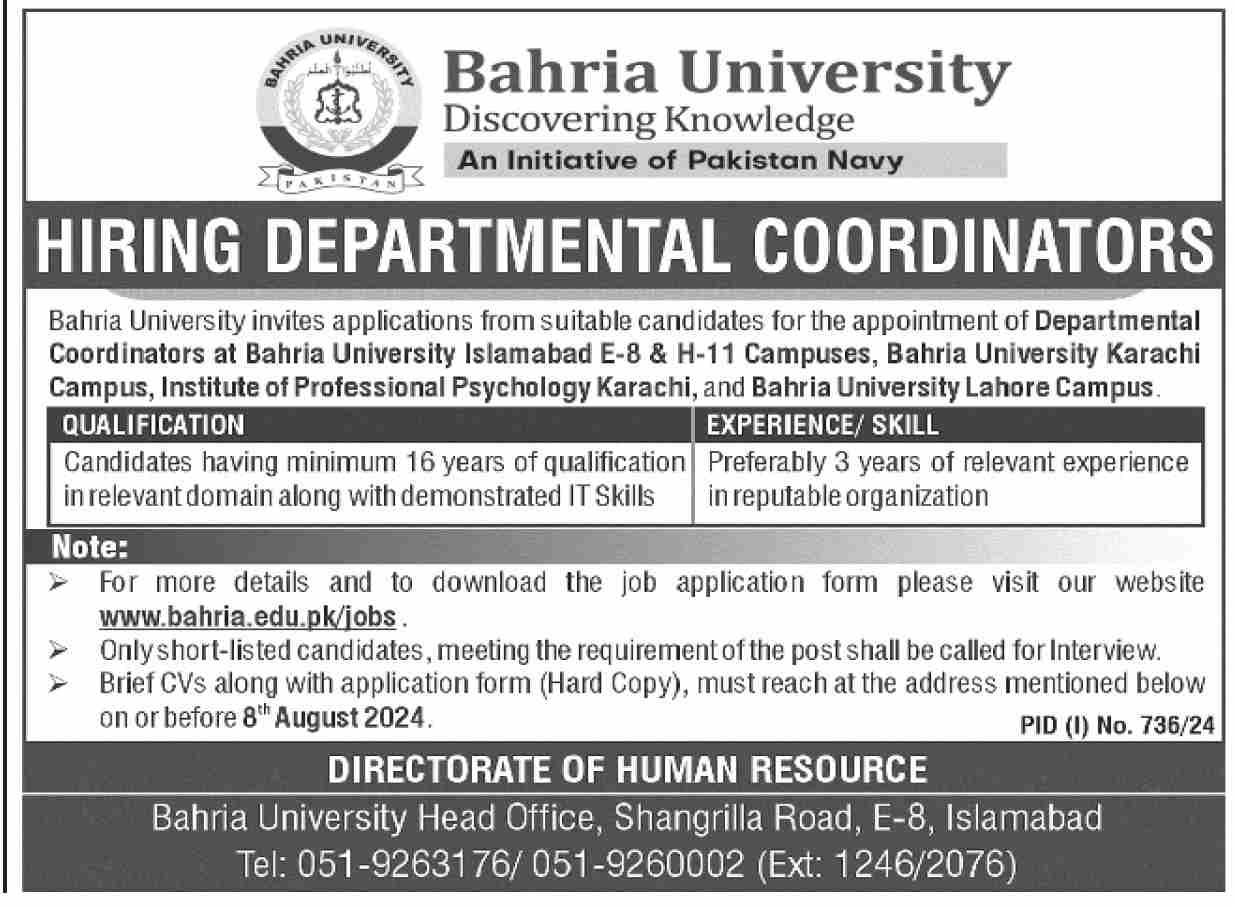 Bahria University Islamabad Jobs 2024 Advertisement