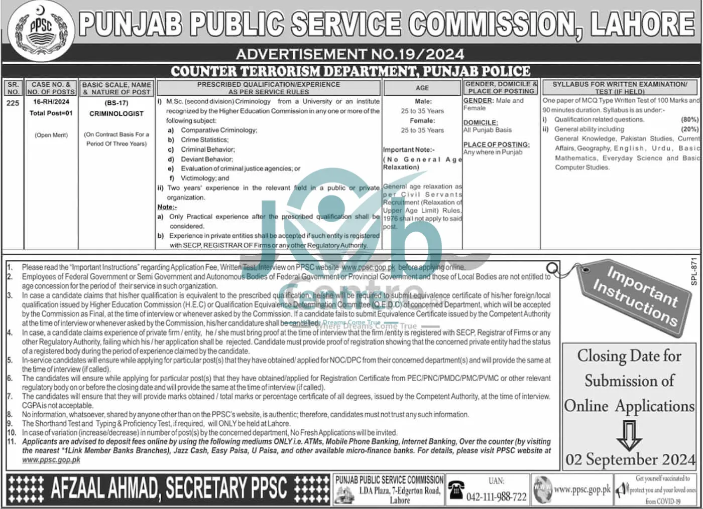 CTD Punjab Police Jobs 2024 Advertisement