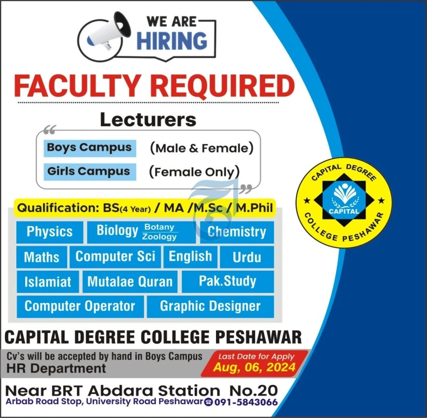 Capital Degree College Peshawar Jobs 2024 Advertisement