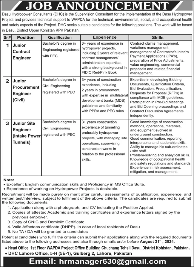 Dasu Hydropower Consultants DHC Jobs 2024