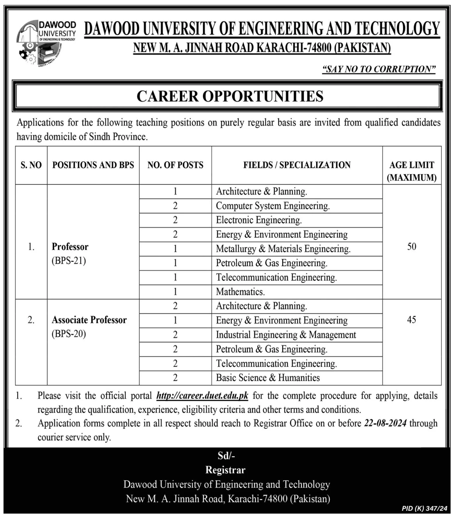 Dawood University of Engineering and Technology DUET Jobs 2024