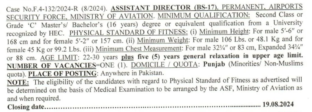 FPSC ASF Jobs 2024 August Advertisement