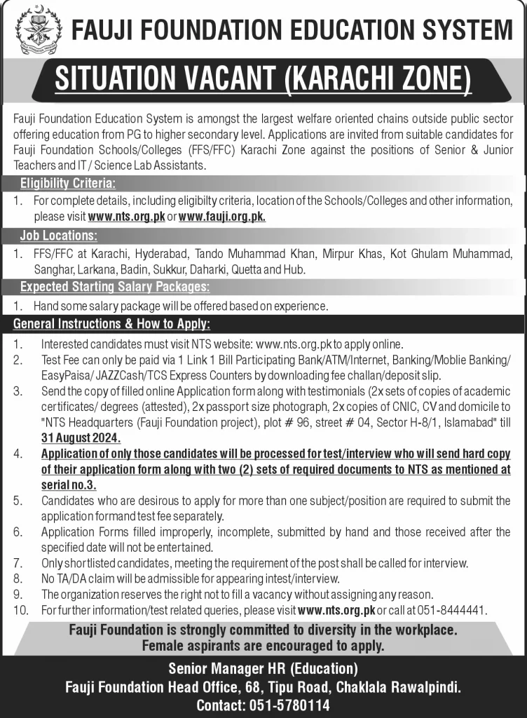 Fauji Foundation Education System FFES Jobs 2024 Advertisement