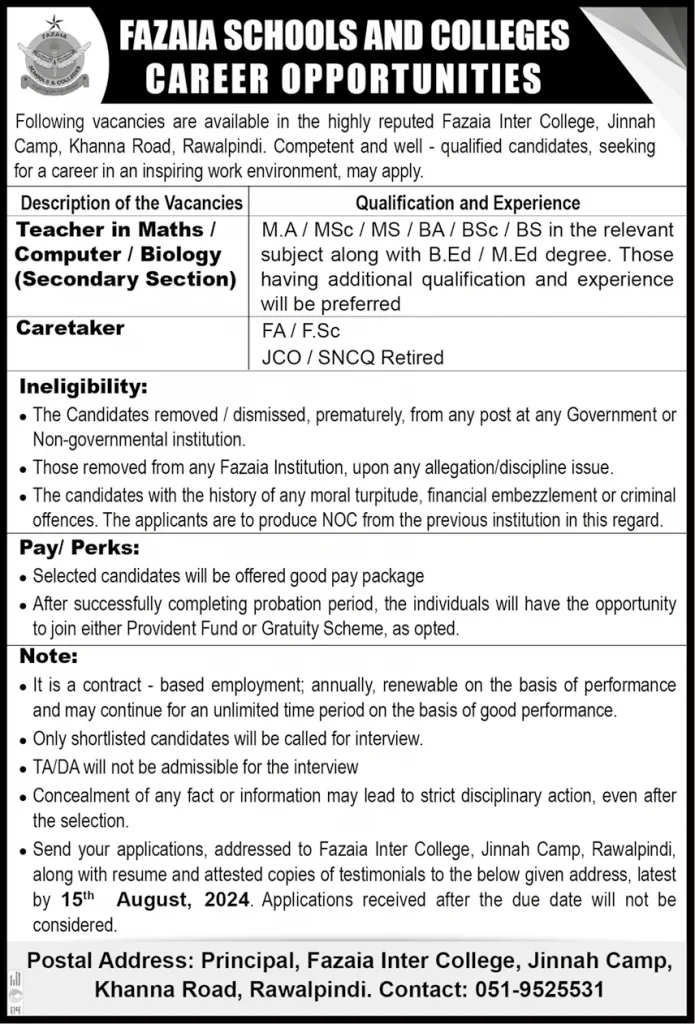 Fazaia Schools And Colleges Rawalpindi Jobs 2024 Advertisement