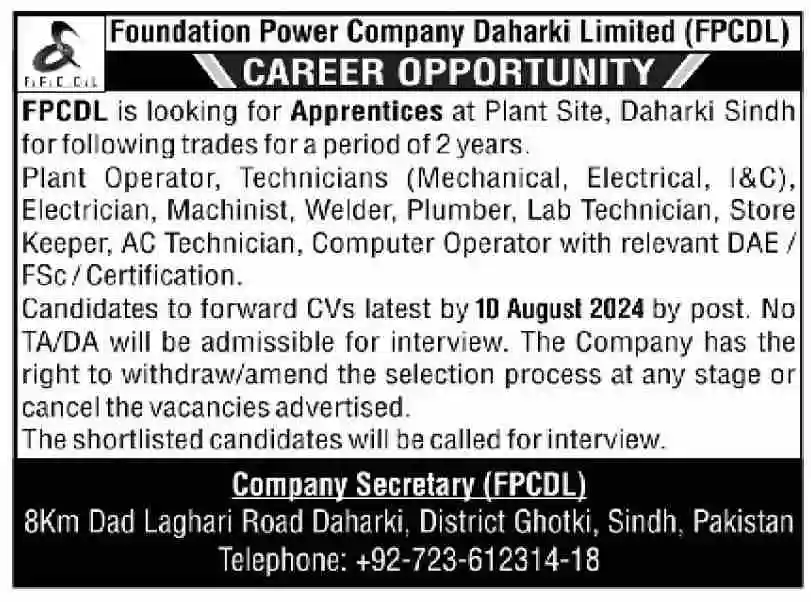 Foundation Power Company Daharki Ltd FPCDL Ghotki Jobs 2024 Advertisement