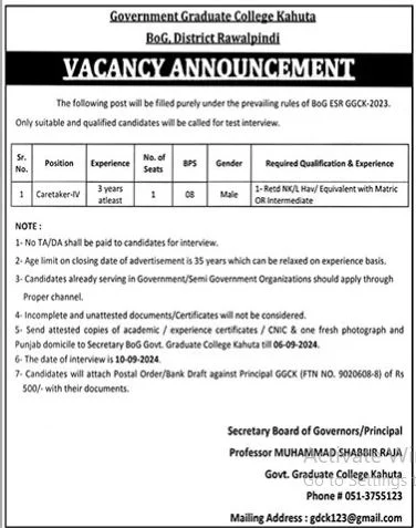 Government Graduate College Rawalpindi Jobs 2024