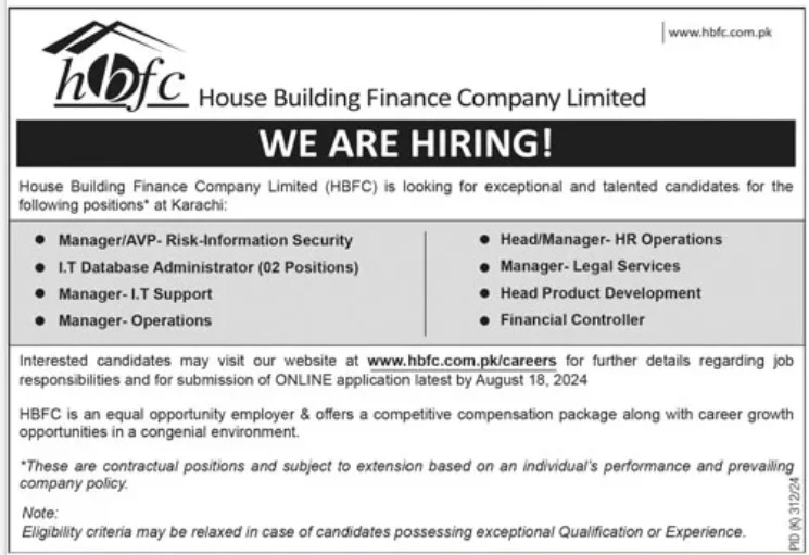 House Building Finance Company HBFC Jobs 2024 Advertisement