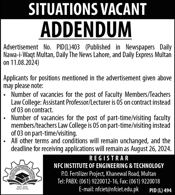 Institute Of Engineering and Technology NFC IET Multan Jobs 2024 Advertisement