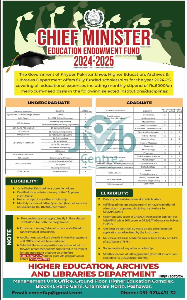 KPK CMEEF Scholarship 2024 - 2025 Advertisement