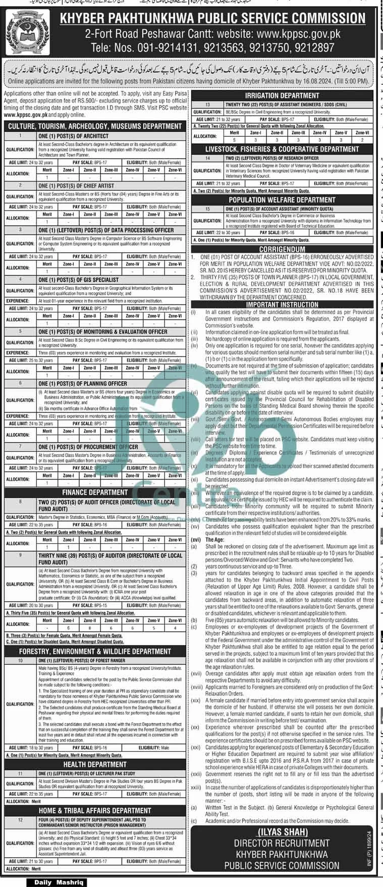 Khyber Pakhtunkhwa Public Service Commission KPPSC Advertisement no. 03 Jobs 2024 Advertisement: