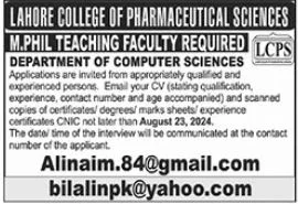 Lahore College of Pharmaceutical Sciences LCPS Jobs 2024 Advertisement