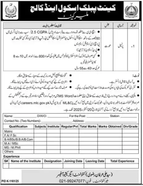 Cantt Public School and College Karachi Jobs 2025 Today Advertisement