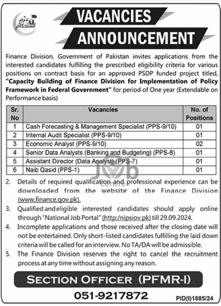 Latest Government of Pakistan Finance Division Islamabad Jobs 2024 Advertisement