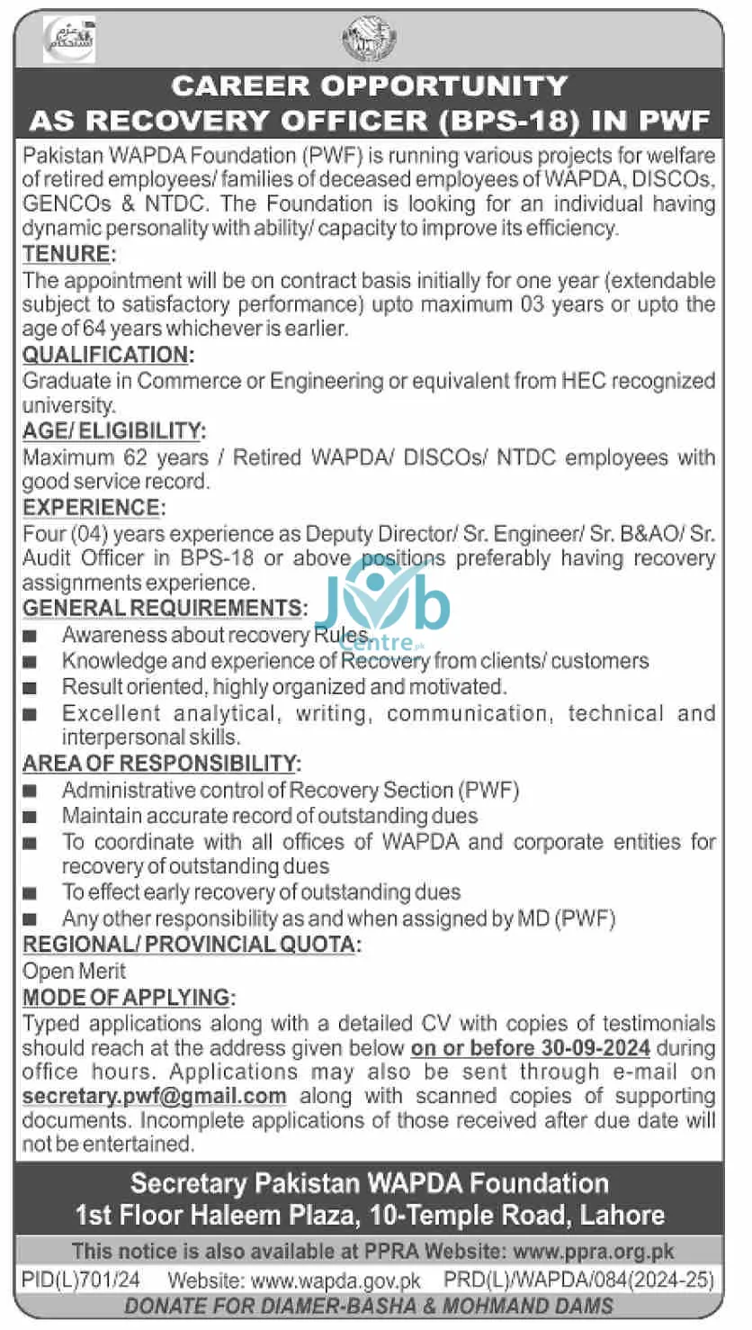 Latest Pakistan WAPDA Foundation PWF Jobs 2024 Advertisement