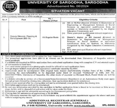 University Of Sargodha Deputy Director Jobs 2024 Advertisement