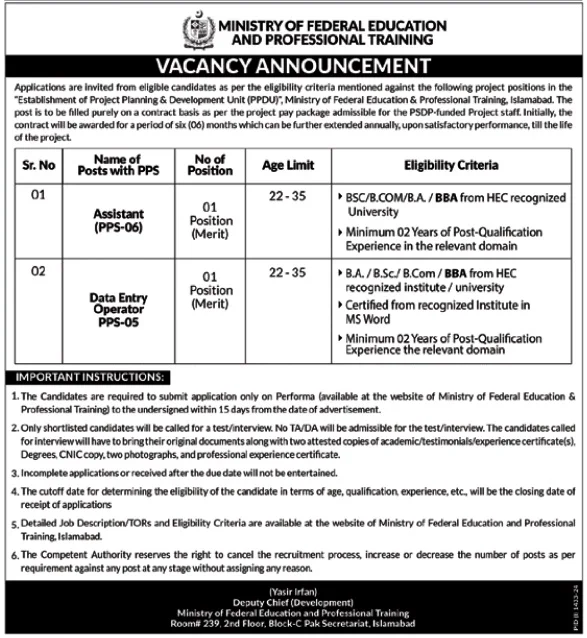 Ministry Of Federal Education Jobs 2024