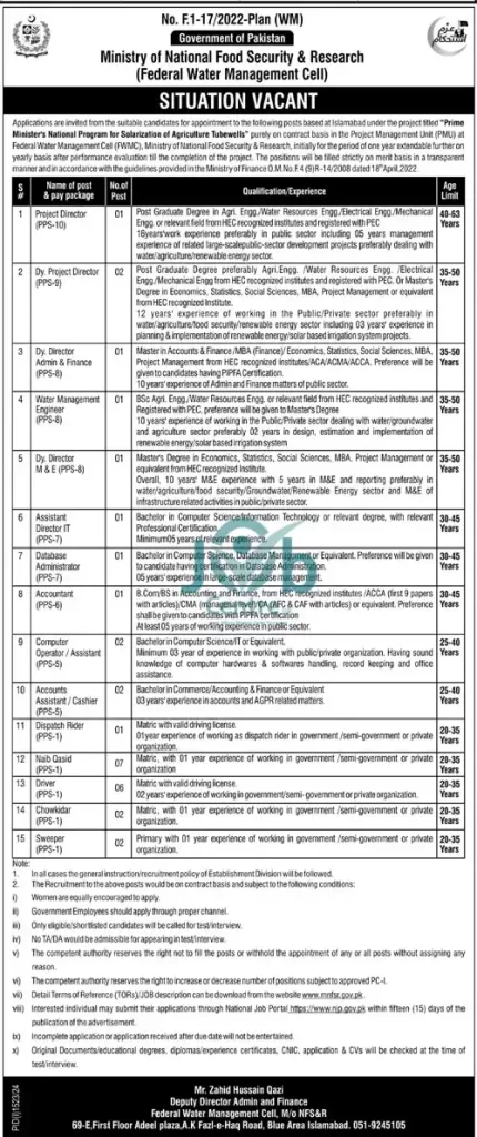 Ministry Of National Food Security Jobs 2024 Advertisement