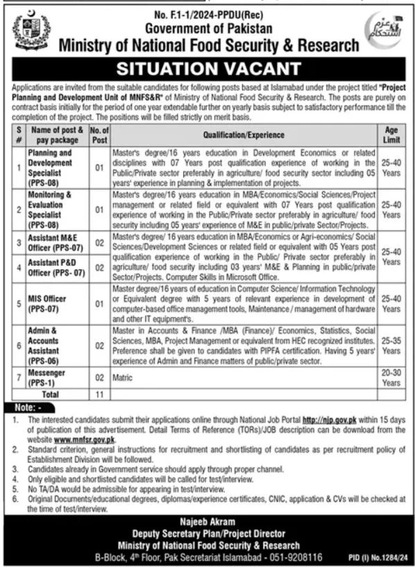 Ministry Of National Food Security Jobs 2024 Advertisement