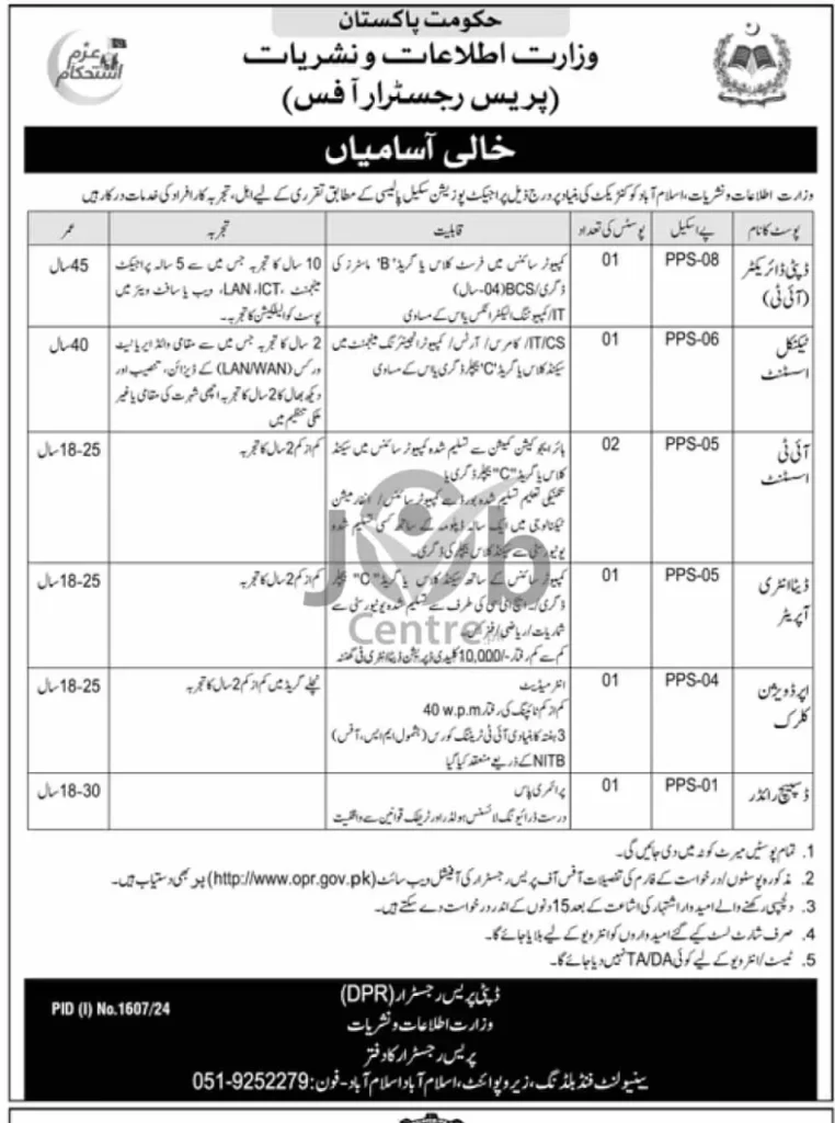 Ministry of Information and Broadcasting Jobs 2024 Advertisement