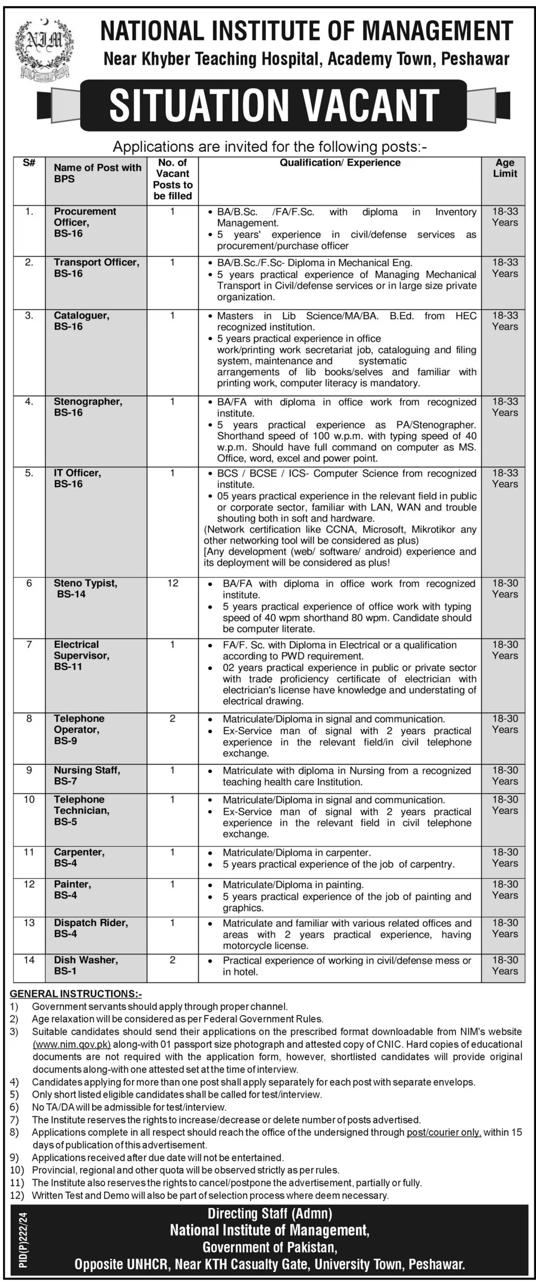 NIM Peshawar Jobs 2024 Advertisement