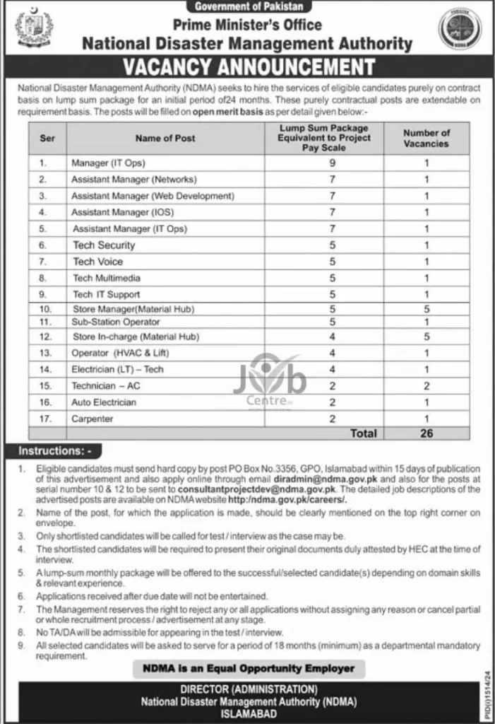 National Disaster Management Authority NDMA Jobs 2024 Advertisement