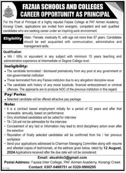 PAF Airmen Academy Jobs in Korangi jobs 2024