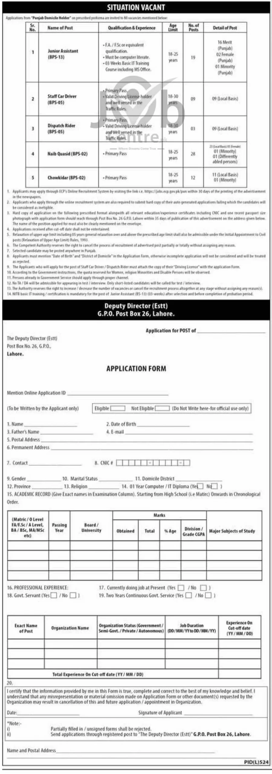 PO Box No 26 GPO Lahore Jobs 2024