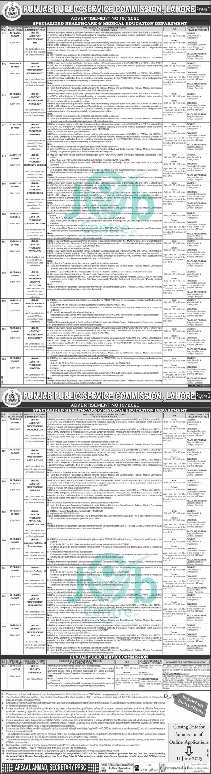 PPSC Jobs Ads 19/2025