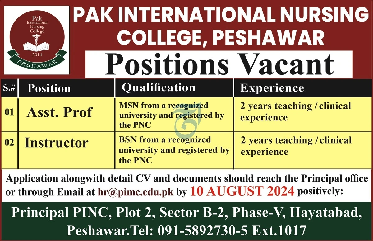 Pak International Nursing College PINC Peshawar Jobs 2024 Advertisement