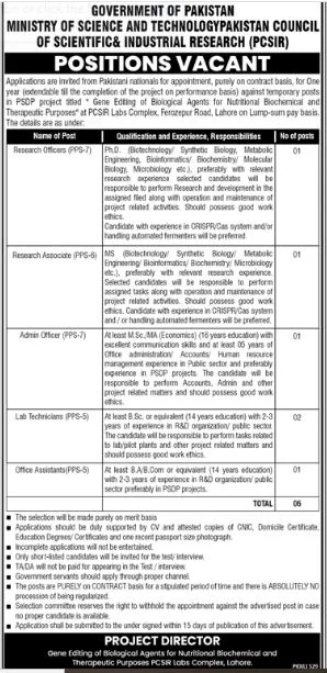 Pakistan Council of Scientific and Industrial Research PCSIR Jobs 2024 Advertisement