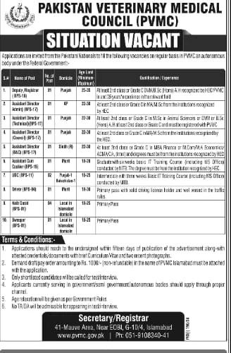 Pakistan Veterinary Medical Council PVMC Jobs 2024 Advertisement: