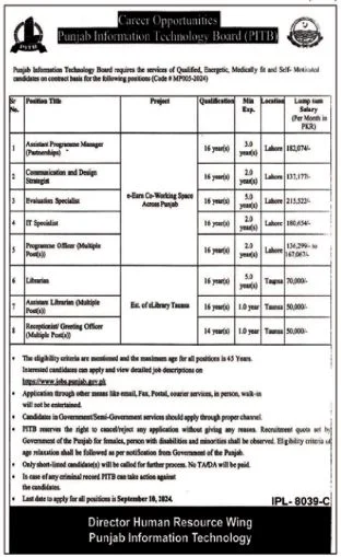 Punjab Information Technology Board PITB Lahore Jobs 2024 Advertisement