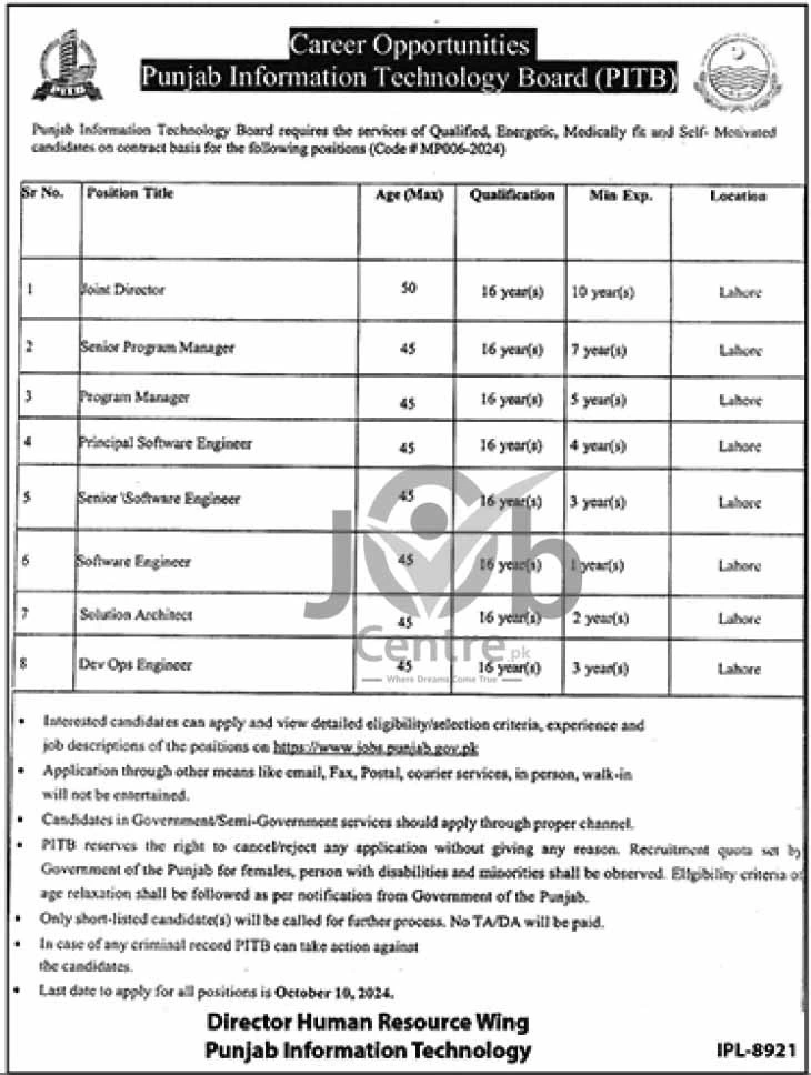 Punjab Information Technology Board PITB Lahore Jobs 2024 Advertisement