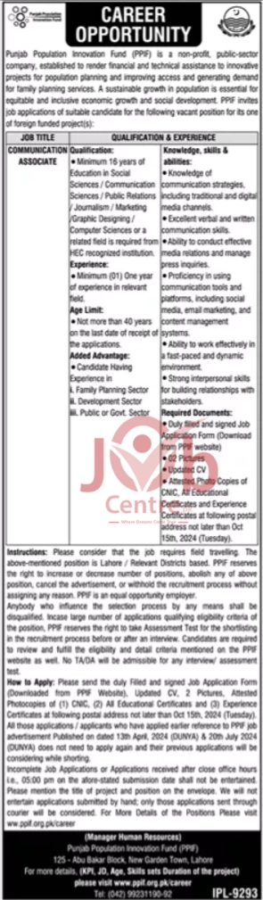 Punjab Population Innovation Fund PPIF Jobs 2024 Advertisement