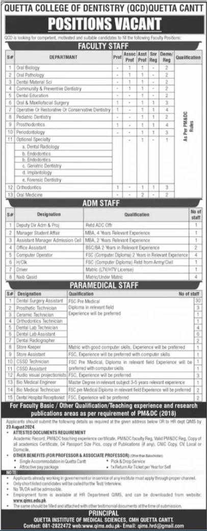 Quetta College Of Dentistry QCD Jobs 2024 Advertisement