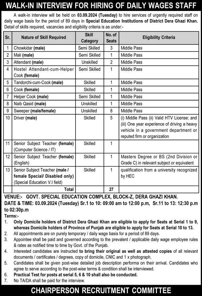 SEI Dera Ghazi Khan Jobs 2024 Advertisement