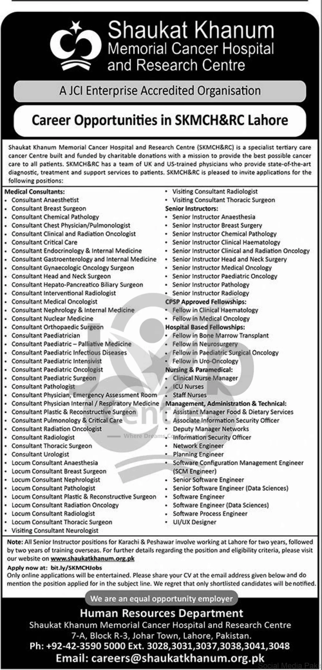 Shaukat Khanum Hospital Lahore Jobs 2024 Advertisement