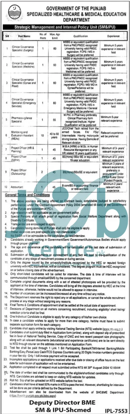 Specialized Healthcare & Medical Education Department Punjab Jobs 2024 Advertisement 