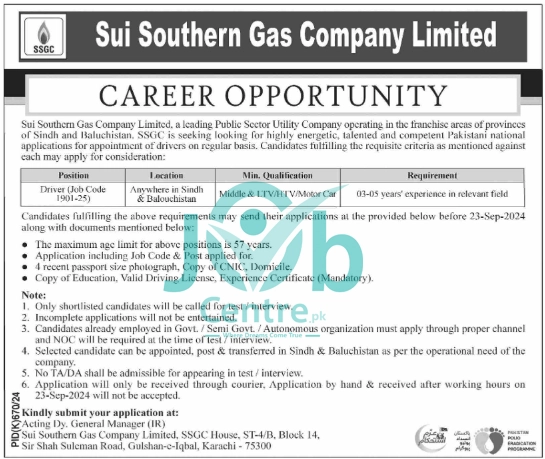 Sui Southern Gas Company Limited Jobs 2024 Advertisement 