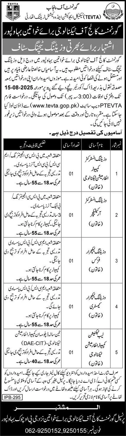 TEVTA Bahawalpur Jobs 2025 Advertisement