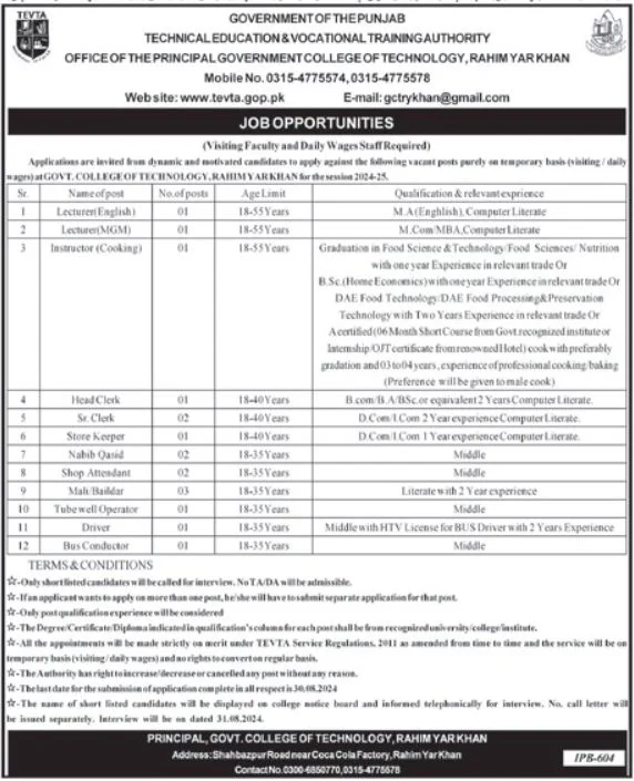 TEVTA Rahim Yar Khan Jobs 2024 Advertisement