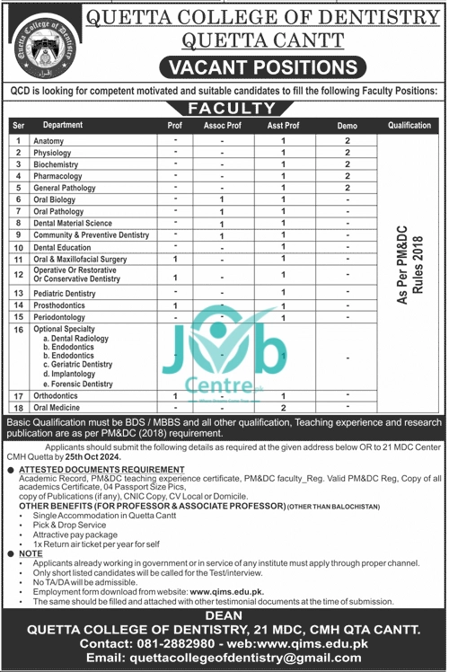 Quetta College Of Dentistry QCD Jobs 2024 Advertisement