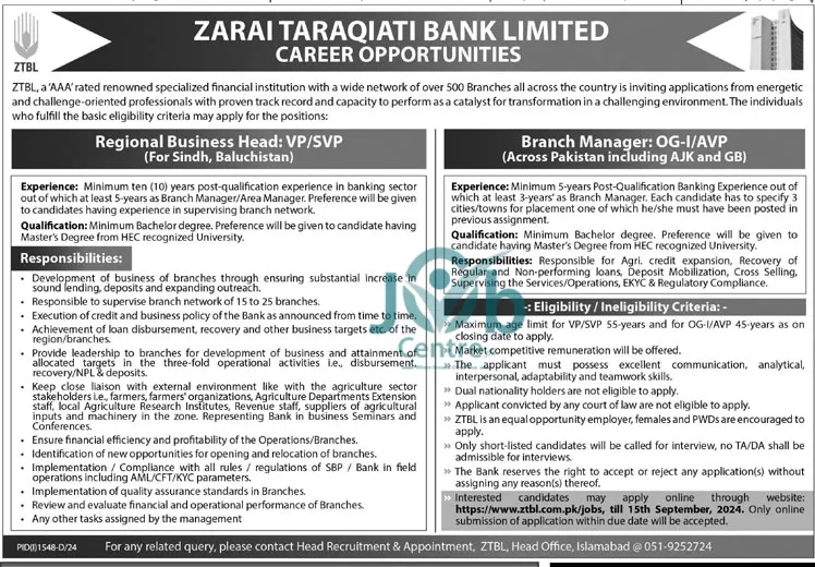 Zarai Taraqiati Bank Limited Jobs 2024 Advertisement