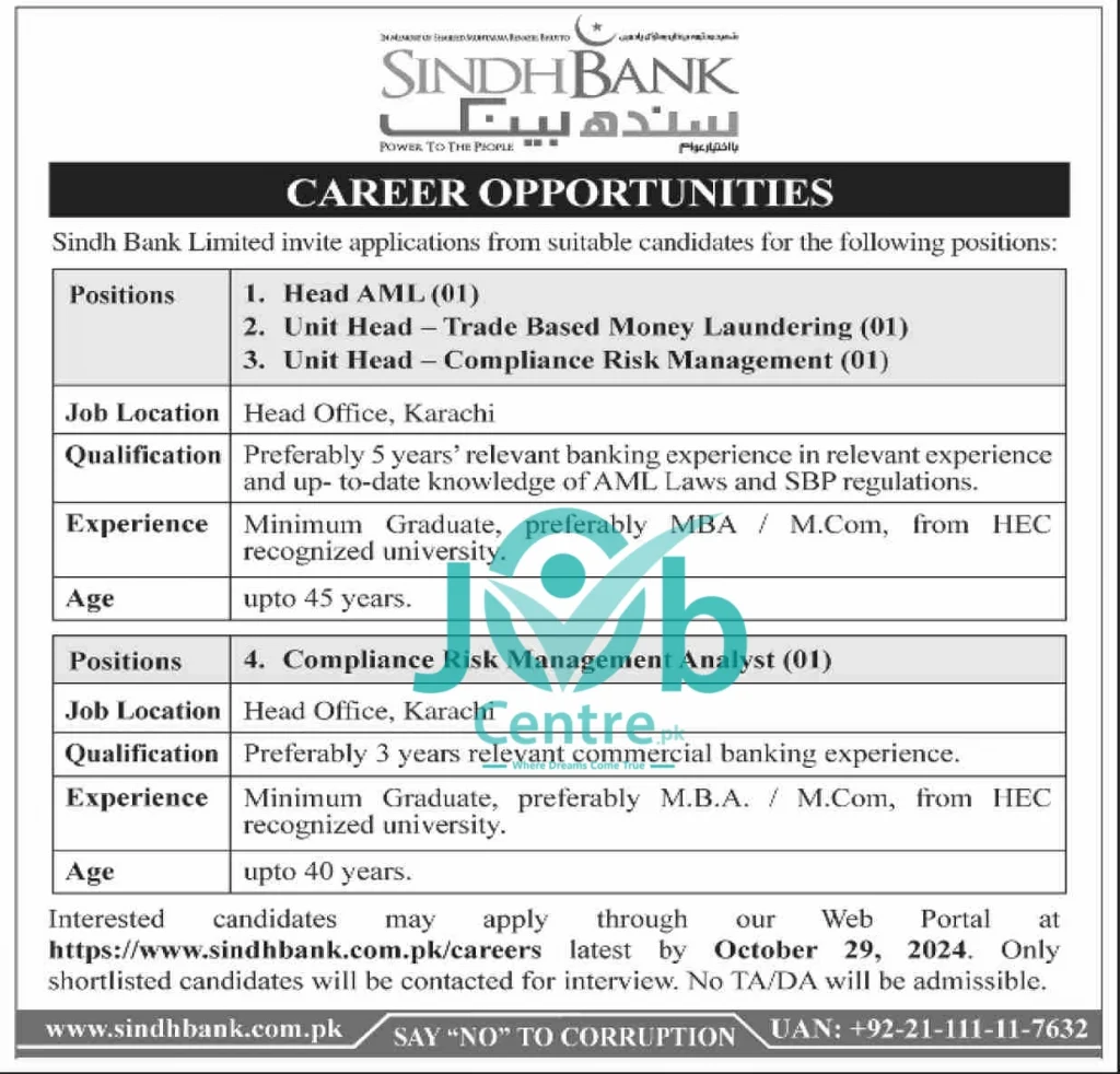 Latest Sindh Bank Jobs 2024 Advertisement