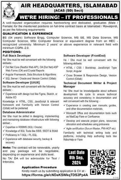 Air Headquarters Islamabad Jobs 2024 Advertisement