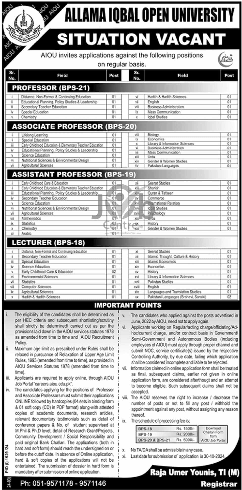 Allama Iqbal Open University AIOU Teaching Jobs 2024 Advertisement 